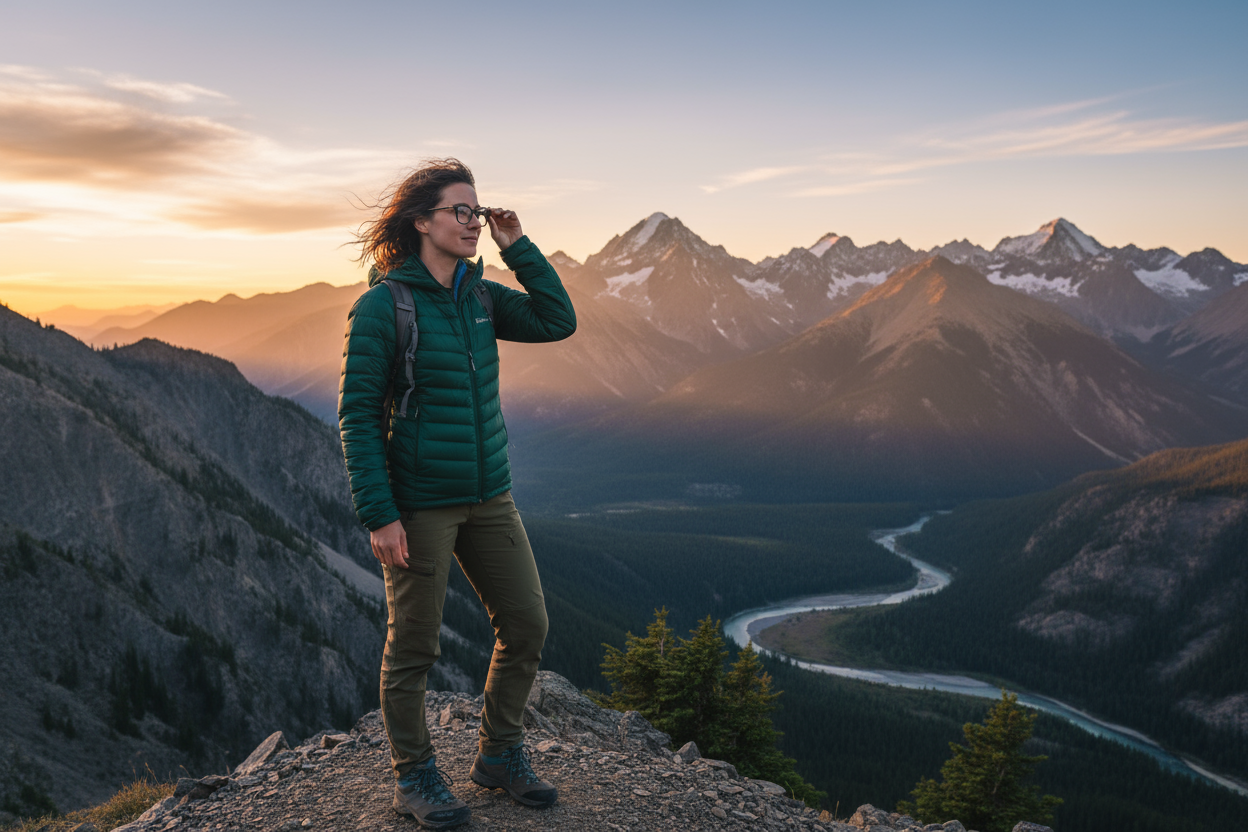 Dame på fjellet. Har på briller, holder hånden på brillene