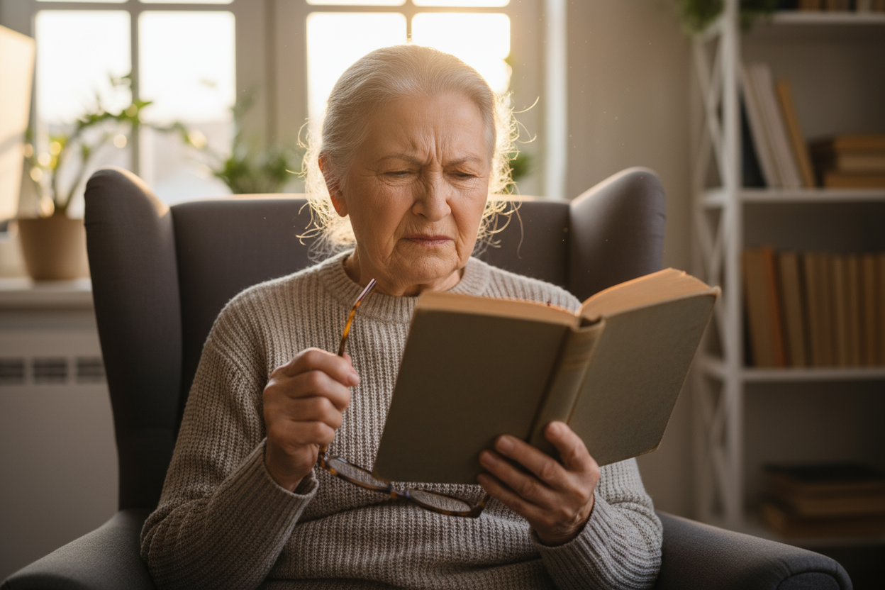 Gammel dame som leser bok, og myser med øynene. Holder briller i hånden